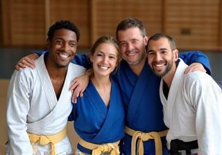 Group of smiling judo students together after class