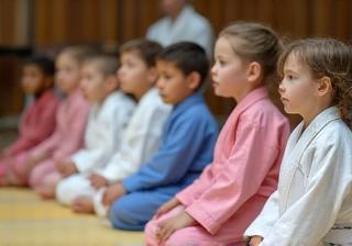 Young judo students listening attentively to instructor
