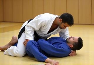 Judo instructor demonstrating a self-defense move